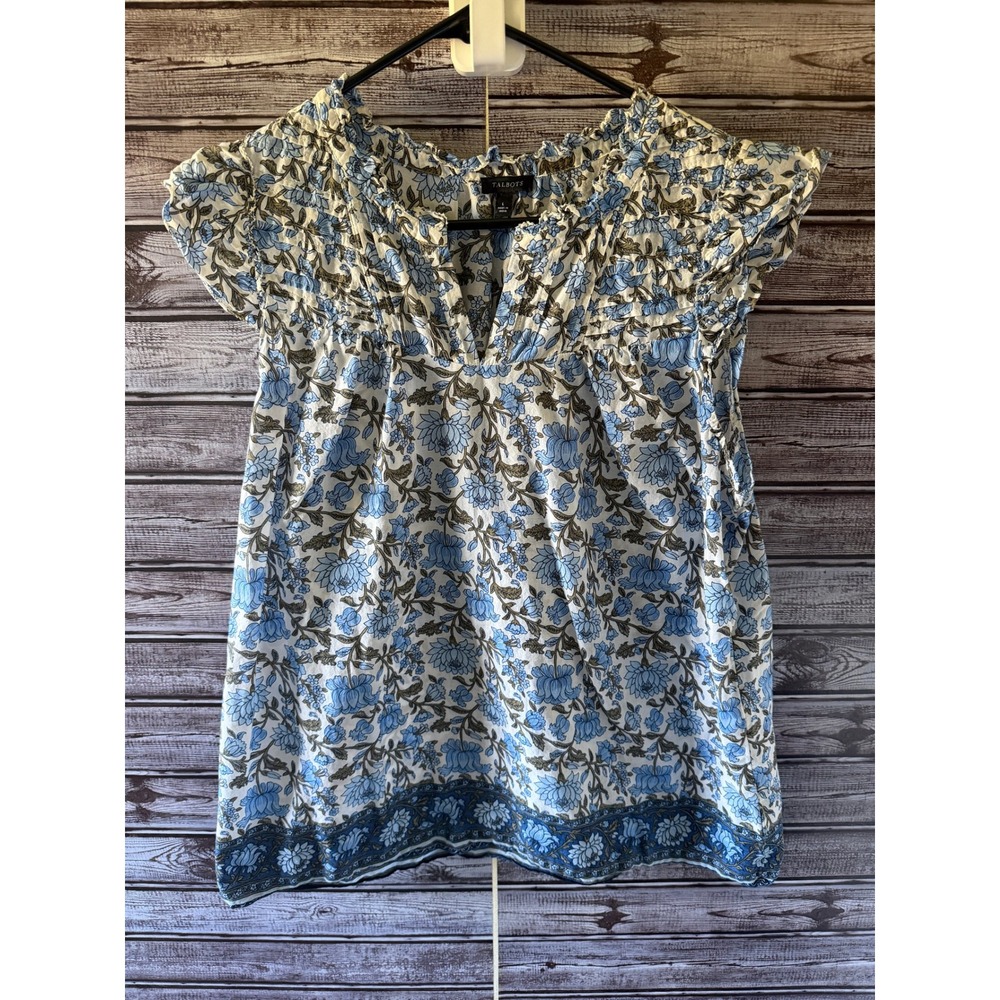 Talbots Women's Flutter Cap Sleeve Top Size L White Blue Floral V-Neck